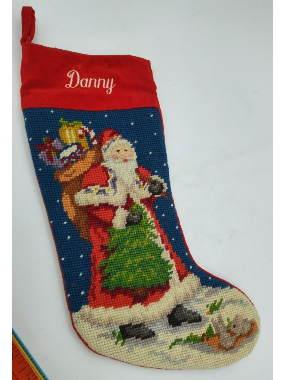 Lillian Vernon Christmas Santa Claus Needlepoint Stocking Personalized Danny 16"